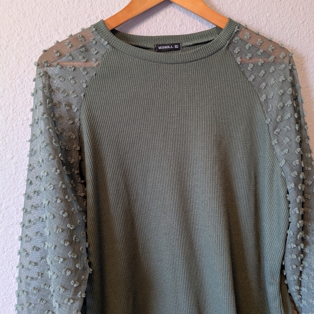 😎SALE😎 NWT Miholl Elegant Sage Green Sheer Sleeve Top Blouse Sz. XL - Picture 4 of 9